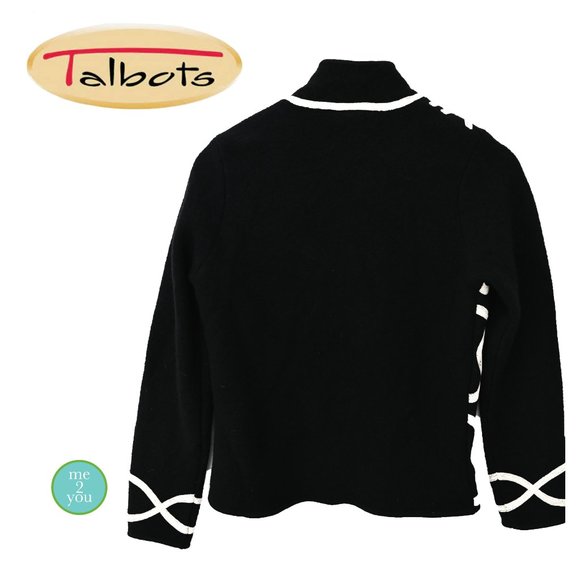 TALBOTS Black Zip Up Wool Sweater Jacket with White Sartouche Braid - Size PM - Picture 4 of 14